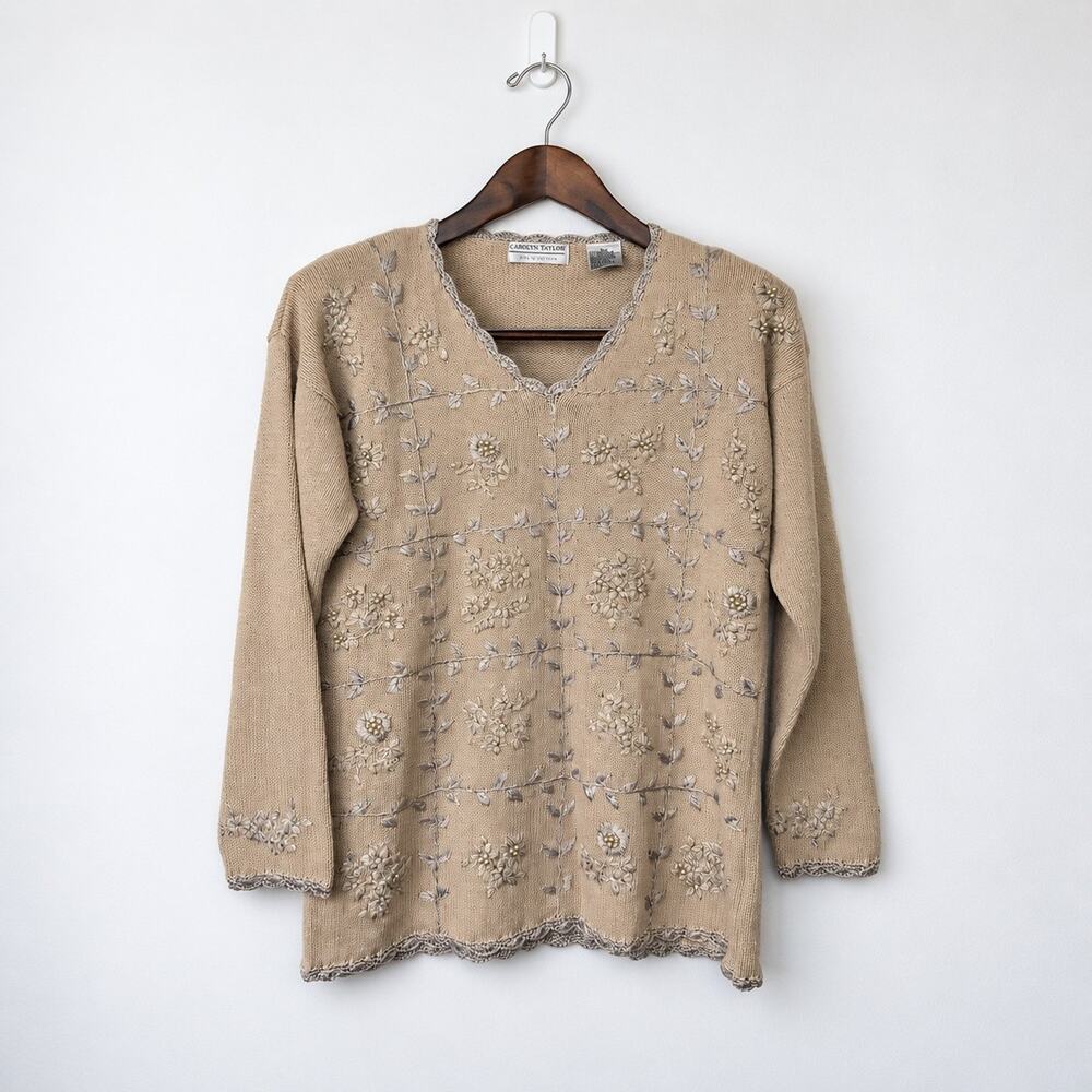 Carolyn Taylor Tan Vintage Embroidered Pearl Beaded Ramie Cotton Sweater Small